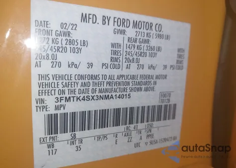 2022 Ford Mustang Mach-E Gt z USA, uszkodzony, nr VIN 3FMTK4SX3NMA14015